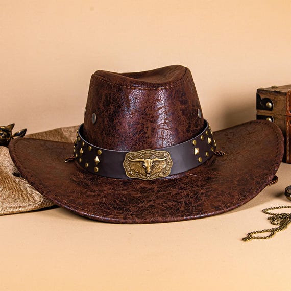 Nail Studded Bull Bone Hat Strap, Vintage Leather Hatband  display picture 3