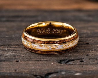 Fede nuziale personalizzata in tungsteno con foglia d'oro 18 carati, anello in legno di quercia con botte di whisky e intarsio di opale e scaglie d'oro, gioiello unisex, regalo, 8 mm