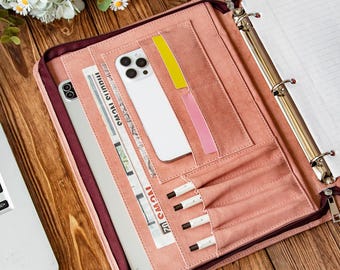 Portafolio de cuero de microfibra rosa personalizado, carpetas organizadoras tamaño carta, portafolios de cuero para hombre, soporte A4, bolsa para documentos con cremallera