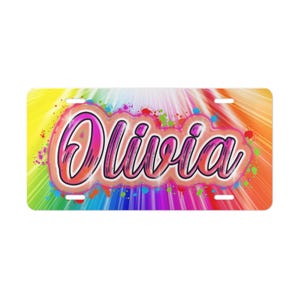 OLIVIA Personalized Vanity Plate wAirbrush Effect, Custom Car Decor
