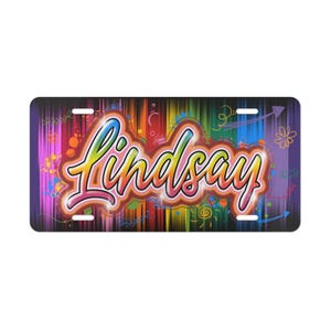 LINDSAY Personalized Vanity Plate wAirbrush Effect, Custom Car Decor