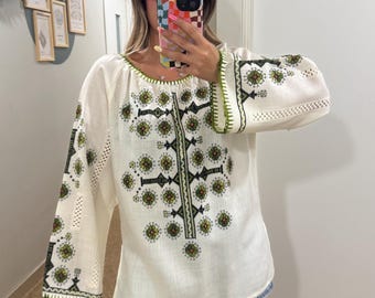Blusa vintage bordada a mano – Mezcla de lino y algodón – Top bohemio estilo campesino – Camisa étnica estilo cottagecore