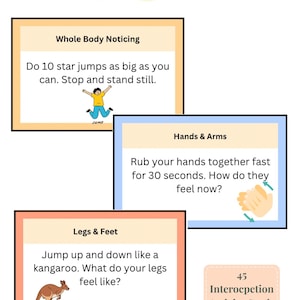 Può includere: Immagine con il testo "Interoception Activity". Presenta tre schede con istruzioni per l'attività: "Whole Body Noticing", "Hands & Arms" e "Legs & Feet". Una piccola scheda recita "45 Interocpetion Activity Cards".