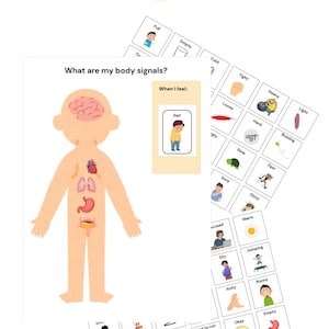 May include: An educational resource labelled "Interoception Activity" showing a body diagram with internal organs. Cards illustrate feelings and body signals, including "Sad," "Heavy," and "Dizzy," to help with understanding and self-awareness.
