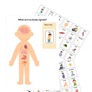 May include: Educational chart titled "Interocpetion Activity" with illustrations of body parts and feelings. Includes a diagram of a human body with internal organs highlighted, and cards depicting emotions like "Sad" and physical sensations.