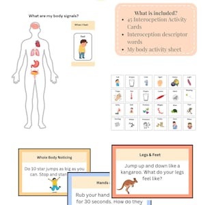 Può includere: Un pacchetto educativo sull'interocezione con schede, parole descrittive e un foglio di attività. Include illustrazioni di segnali corporei, emozioni e attività. Progettato per aiutare i bambini a capire il proprio corpo.