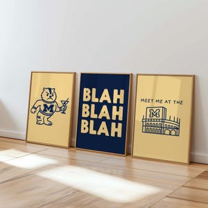 Trendy Girly UMICH Digital Posters Set of 3 - University of Michigan Dorm Wall Art, U of M, Cute College Room Decor, Wolverines, Big House