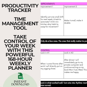 May include: A digital productivity tracker with the text "Productivity Tracker, Time Management Tool, Take Control of Your Week with this Powerful 168-Hour Weekly Planner." Includes sections for improvements and control.