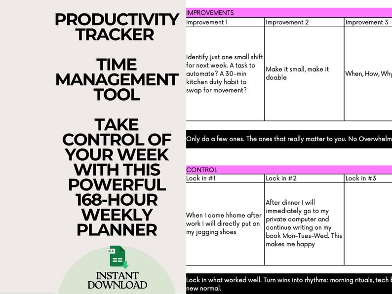 May include: A digital productivity tracker with the text "Productivity Tracker, Time Management Tool, Take Control of Your Week with this Powerful 168-Hour Weekly Planner." Includes sections for improvements and control.