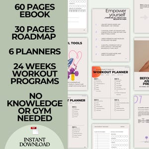 Könnte beinhalten: Digitaler Fitnessplaner mit 60-seitigem E-Book, 30-seitiger Roadmap, 6 Planern und 24-Wochen-Trainingsprogrammen. Der Text lautet „Keine Kenntnisse oder Fitnessstudio erforderlich“ und „Sofortiger Download“. Das Bild enthält Trainingsbeispiele.