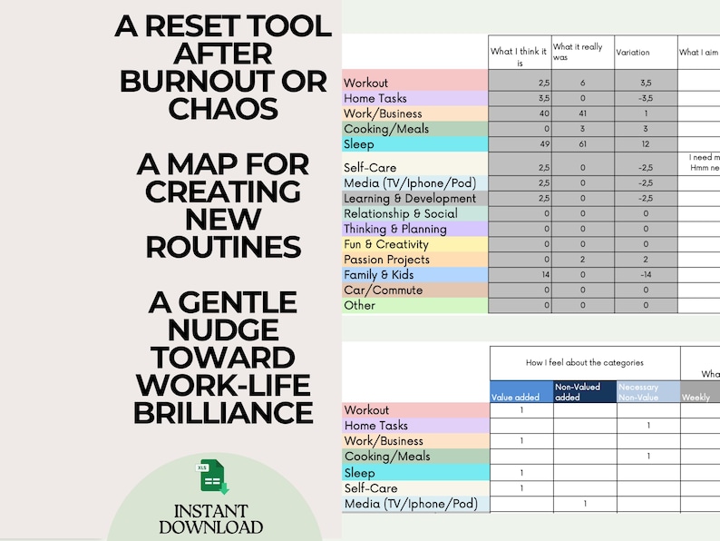 May include: Digital download with text: "A RESET TOOL AFTER BURNOUT OR CHAOS," "A MAP FOR CREATING NEW ROUTINES," and "A GENTLE NUDGE TOWARD WORK-LIFE BRILLIANCE." Includes a chart with categories like "Workout" and "Sleep."