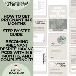 Op de afbeelding: Digitale gids getiteld "Hoe zwanger te worden in 6 maanden" met een stapsgewijze handleiding. De gids behandelt zwanger worden ondanks PCOS binnen 6 maanden. Bevat een directe PDF-download. Extra pagina's met tekst en afbeeldingen.