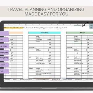 Könnte beinhalten: Ein Laptop-Bildschirm zeigt eine Reiseplanungs-Checkliste mit Abschnitten für Reiseroute, Budget und Packen. Der Text "TRAVEL PLANNING AND ORGANIZING MADE EASY FOR YOU" steht oben. Die Checkliste umfasst Kategorien wie Schuhe, Accessoires und Technik.