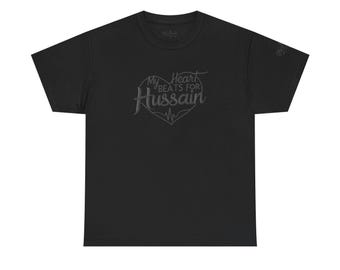 Karbala Threads Schwarz Mein Herz schlägt für Hussain Unisex T-Shirt aus schwerer Baumwolle, Shia Islam Design, Karbala, Muharram, Ya Hussain, Shia Muslim