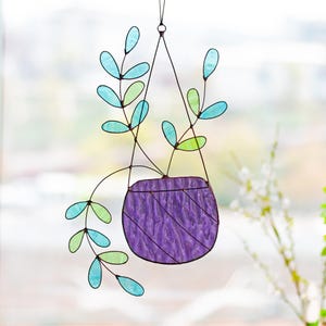 Large Hanging plants stained glass window hanging, Faux plant, plant suncatcher, boho plant decor, plants wall art, home decor, gift for mom