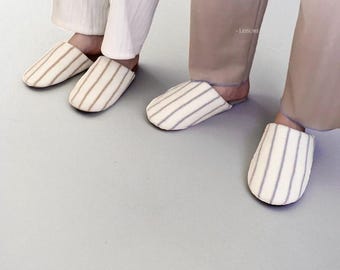 Pantofole giapponesi a righe in cotone per coppie, morbide scarpe da interno Baotou in velluto, comode pantofole piatte invernali a contrasto con il pavimento della camera da letto