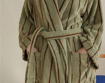 Bata de baño clásica retro a rayas 2026, 100 % algodón peinado, bata de hotel, bata de spa de felpa suave y absorbente, ropa de estar en casa unisex