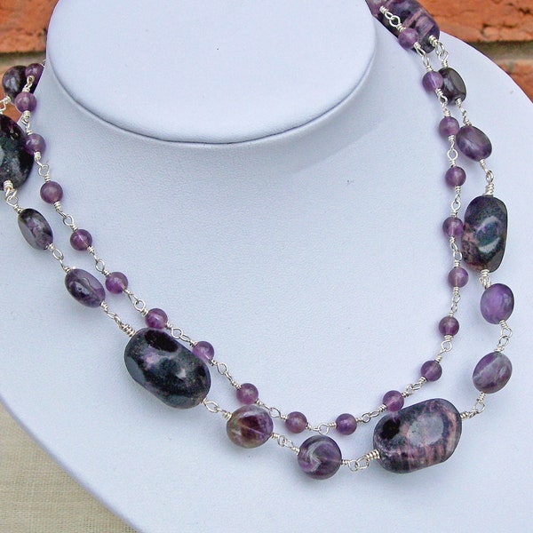 Two Strand Amethyst Necklace, Chunky Necklace, Purple Necklace, Gemstone Necklace, UK Seller