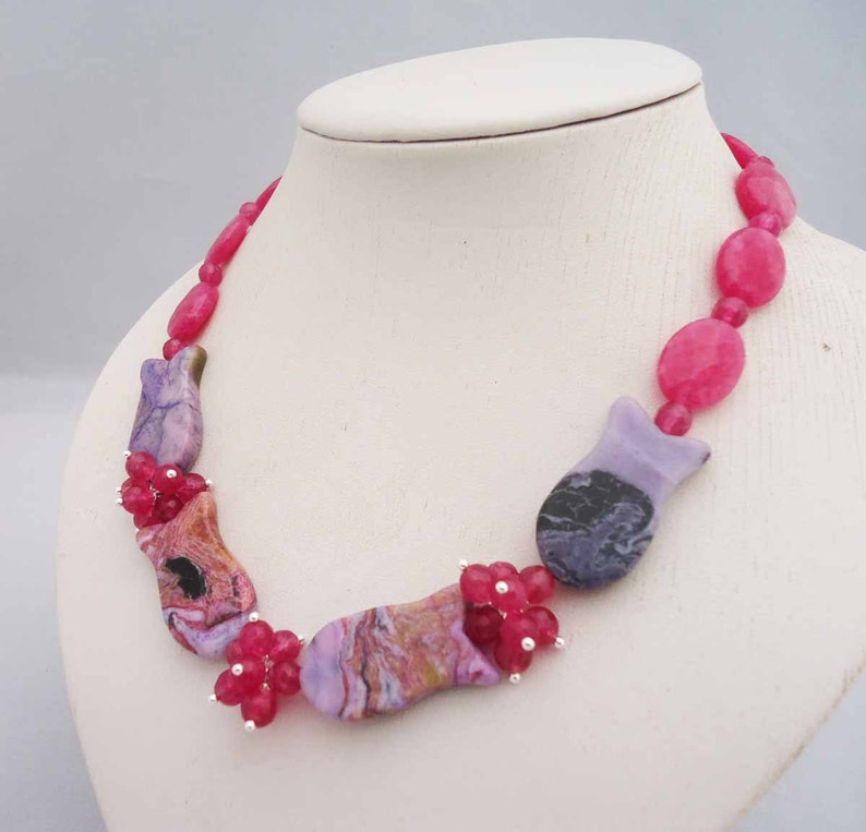Pink Kyanite Necklace Statement Necklace Kyanite and Jasper Gemstone Necklace Jasper Necklace