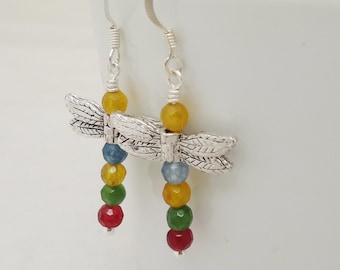 Sterling Silver Dragonfly Earrings: Colorful Crystal Gemstone Dangles