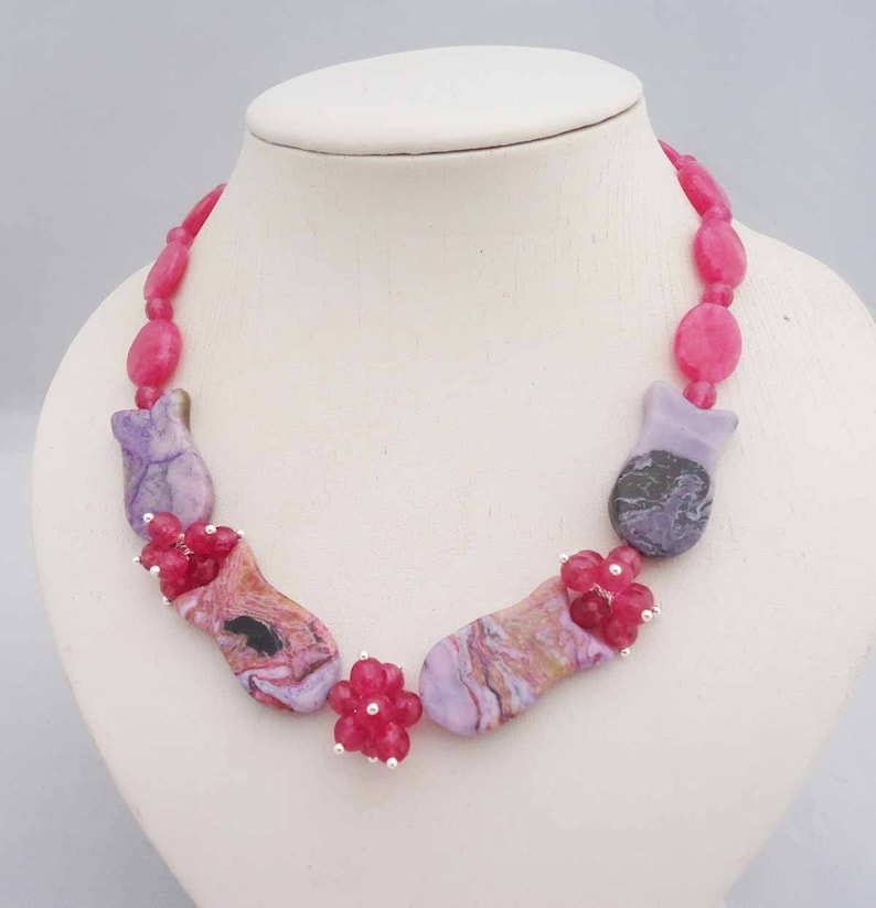 Pink Kyanite Necklace Statement Necklace Kyanite and Jasper Gemstone Necklace Jasper Necklace