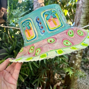 Hand-Painted Palm Tree Bucket Hat | Frayed Edge Artisan Canvas Sun Hat | Lime Green Aqua Tropical Wearable Art | Beachy Canvas Art