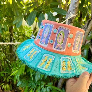 Hand-Painted Artisan Canvas Bucket Hat | Frayed Edge Fish Art | Tangerine Aqua Tropical Sun Hat | Heavy Duty Sealed Wearable Art