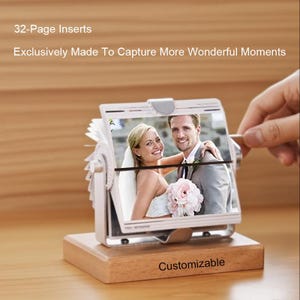 May include: A photo display with a wooden base and a rotating mechanism. The display shows a photo of a couple. Text on the display reads "32-Page Inserts" and "Customizable".