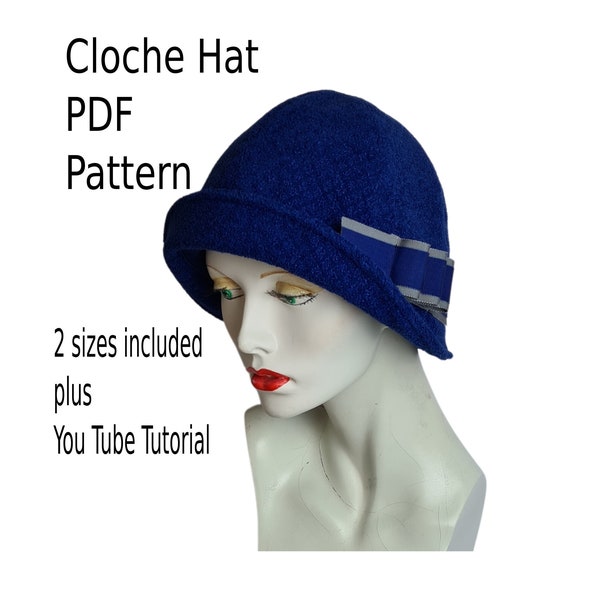 PDF Cloche hat pattern & tutorial, classic vintage style. You receive a pattern, instructions and YouTube link. The pattern has 2 sizes