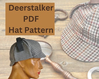 Deerstalker, Sherlock Holmes, hoedpatroon, PDF in 3 maten, klein, middelgroot, groot, YouTube-tutorial, afbeeldingsinstructies, download