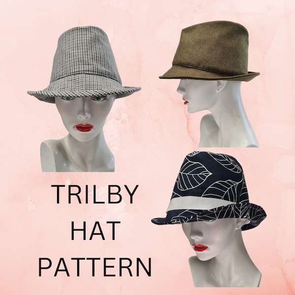 Patron de chapeau trilby PDF. 3 tailles, petite, moyenne, grande. 2 styles de bords. À télécharger avec des instructions illustrées et un didacticiel YouTube