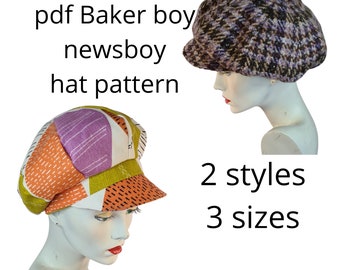 PDF hat sewing pattern, baker boy, bakerboy, newsboy, classic 8 section chelsea cap, 2 styles 3 sizes, youtube tutorial plus pictorial , UK