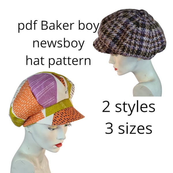 PDF-Schnittmuster für Mützen, Baker Boy, Bakerboy, Newsboy, klassische 8-teilige Chelsea-Mütze, 2 Stile und 3 Größen, YouTube-Tutorial plus Bild, UK