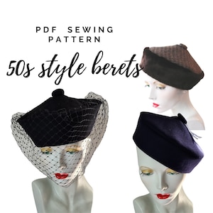 May include: PDF sewing pattern for three 1950s style berets. The berets are shown on mannequins. One beret is black with a black net veil, one is navy blue with a brown trim, and one is brown and black plaid with a brown fur trim.