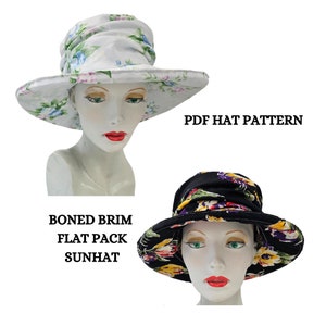 Modèle PDF de chapeau, chapeau de soleil, bords désossés, paquet plat, petit, moyen, grand, bord en 2 tailles, été, téléchargeable, tutoriel YouTube image 1