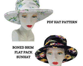 PDF hat pattern, Sunhat, boned brim, flat pack hat, small, medium, large, brim in 2 sizes, summer, downloadable, YouTube tutorial