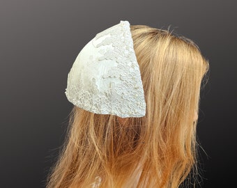 Bridal juliette cap, lily of the valley satin, guipure lace, beads, handstitched, half hat, 50s styling, mid century wedding