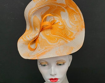 Orange cream hat, large saucer straw fascinator, marbled effect, headband fixing, made in UK, one size