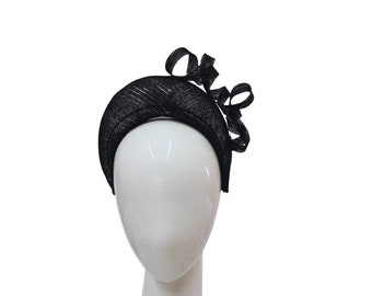 Black and silver halo hat, sinamay headpiece, headband fixing, one size, made in UK, wedding, racewear