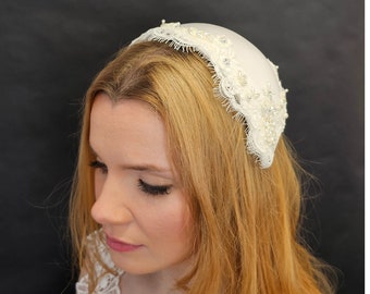 Bridal juliette cap, satin, beads, lace, handstitched, half hat, 50s styling, mid century wedding