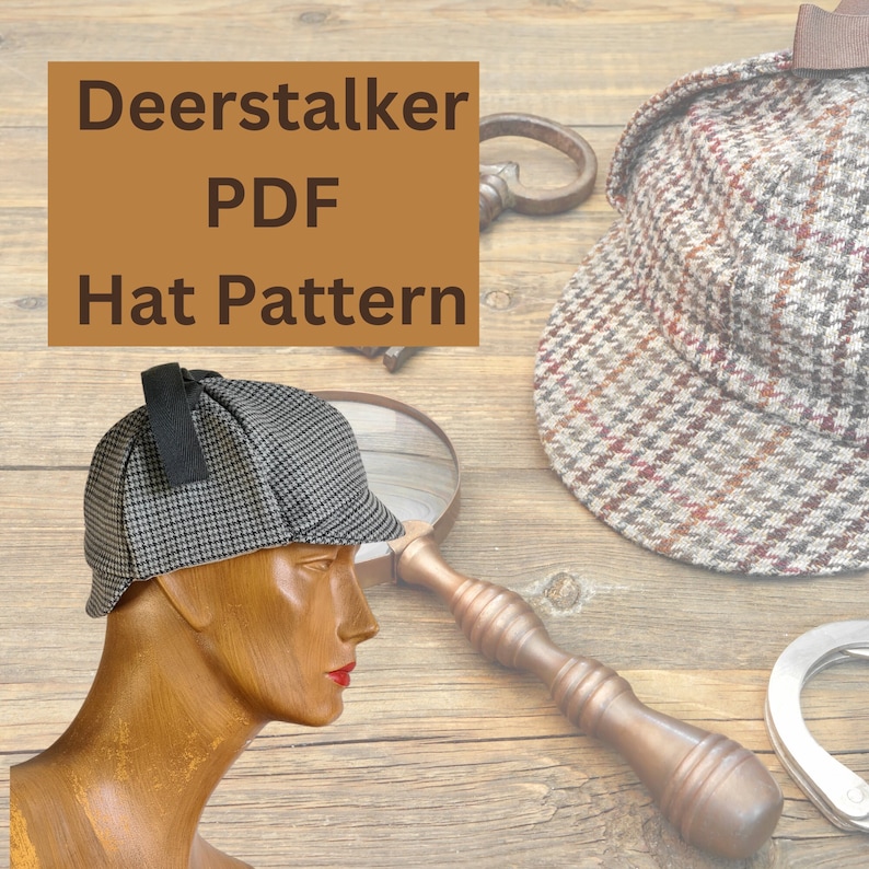 May include: A black and white tweed deerstalker hat with a black strap on a wooden surface. The text "Deerstalker PDF Hat Pattern" is displayed on a brown rectangle.
