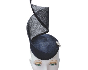 Navy blue fascinator hat, sinamay , diamonte embellishment, ideal wedding, races, party wear. made in UK