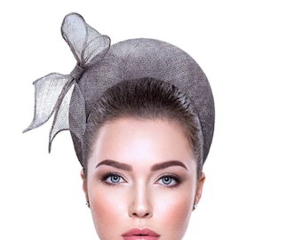 Silver grey halo hat, fascinator, bow details, one size, wedding, races, event headpiece, made in UK