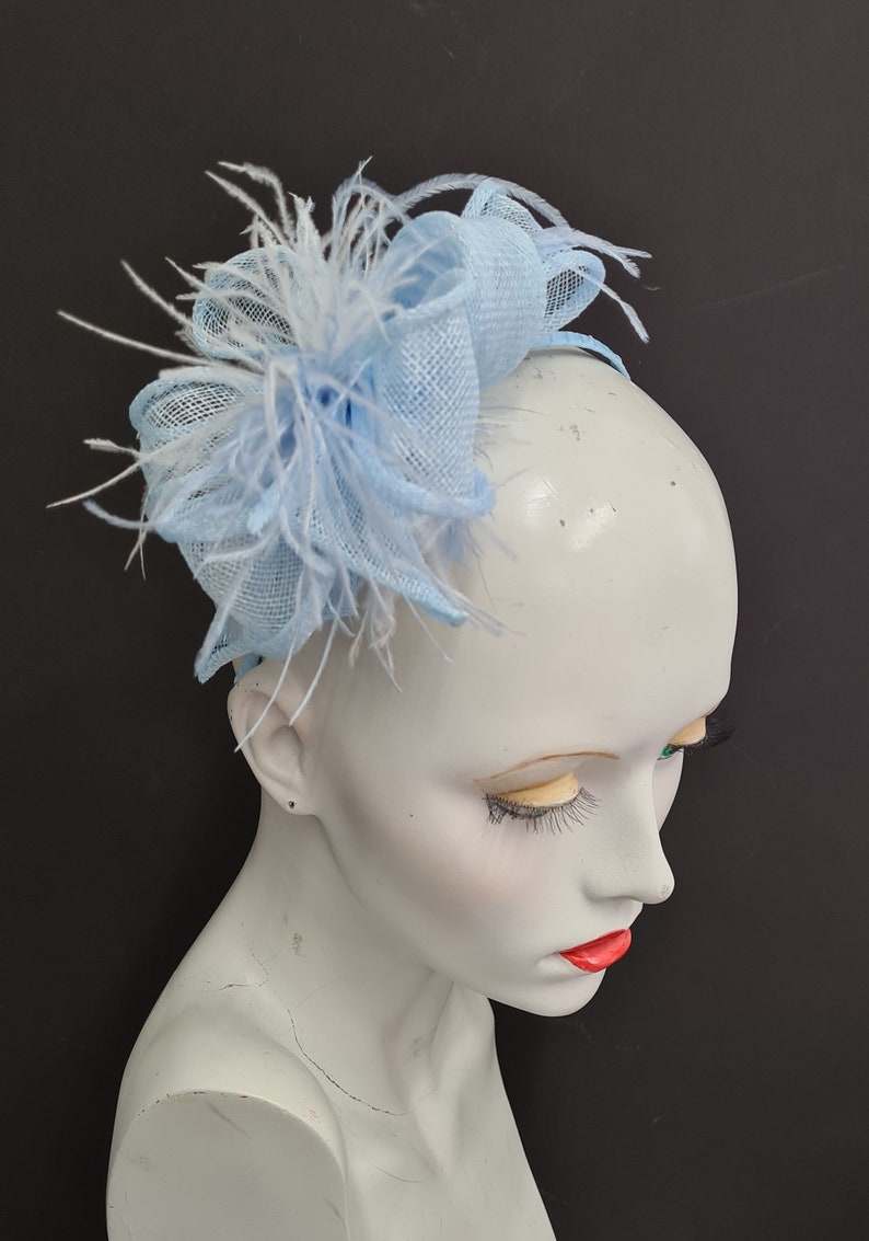 made in UK on headband powder blue hat Pale baby blue white feather fascinator headpiece spring summer wedding