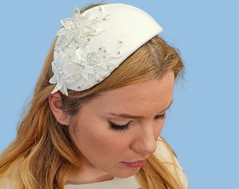 Bridal half hat, vintage style teardrop, bridal white satin, beads, sequins.  with or without headband. Worn in a variety of ways, UK made