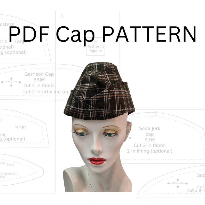 Garrison Cap. Hostess Hat. Soda Jerk cap. PDF hat pattern. 3 sizes, 2 brims. Download with Pictorial instructions, plus YouTube tutorial image 3