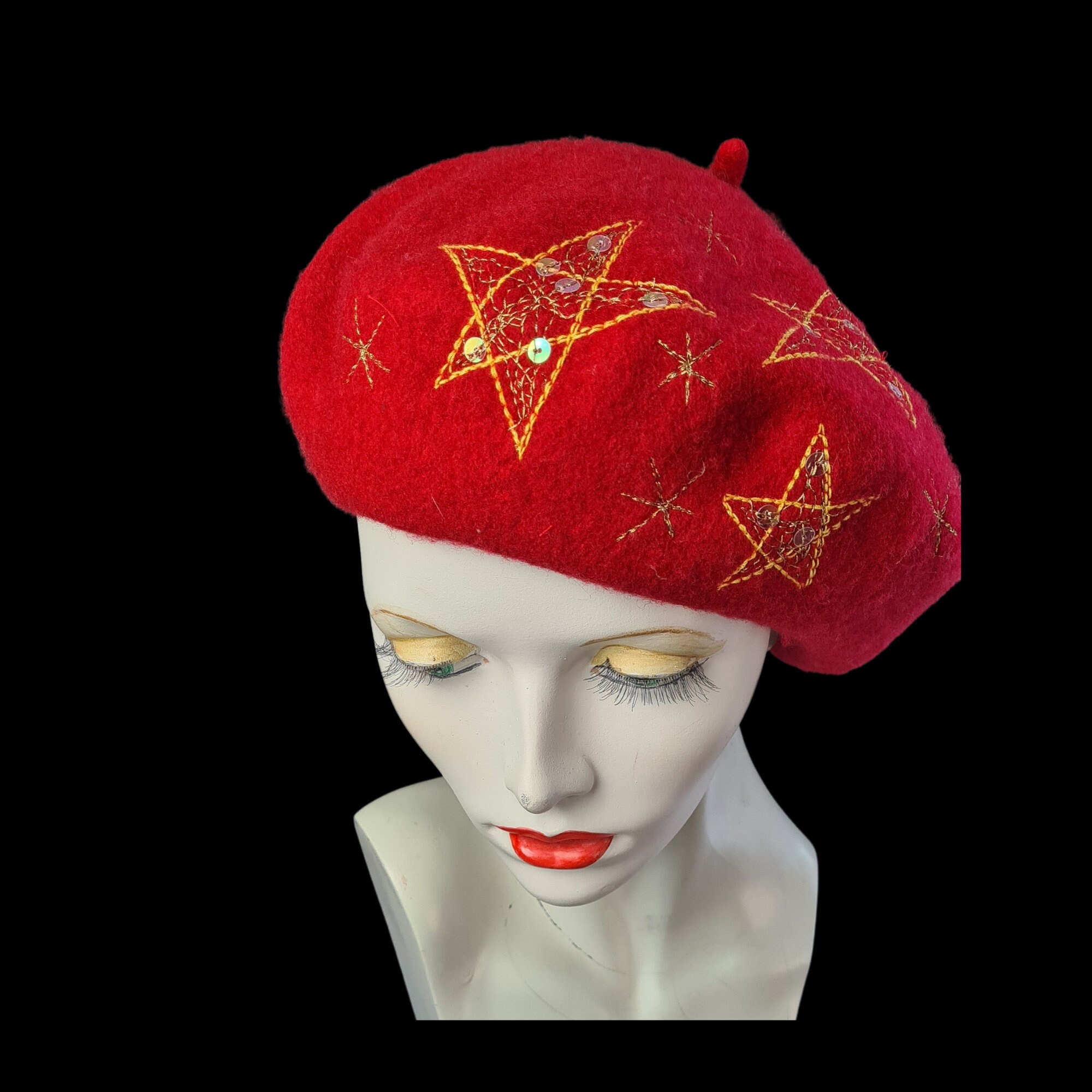 Red Wool Beret Gold Star Free Motion 
