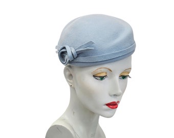 Powder blue hat, percher, pale blue cocktail hat, slanted design, bow detail, wool felt, elastic fixing, one size , made in UK