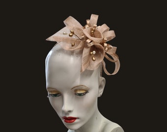 Ecru fascinator, calla lily, gold and pearl accents, one size, headband mounted, made in UK