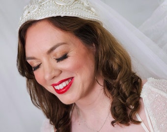 Cream, dark ivory bridal cap, juliet style halo, heavily beaded, wedding bride, applied rouleau, one size